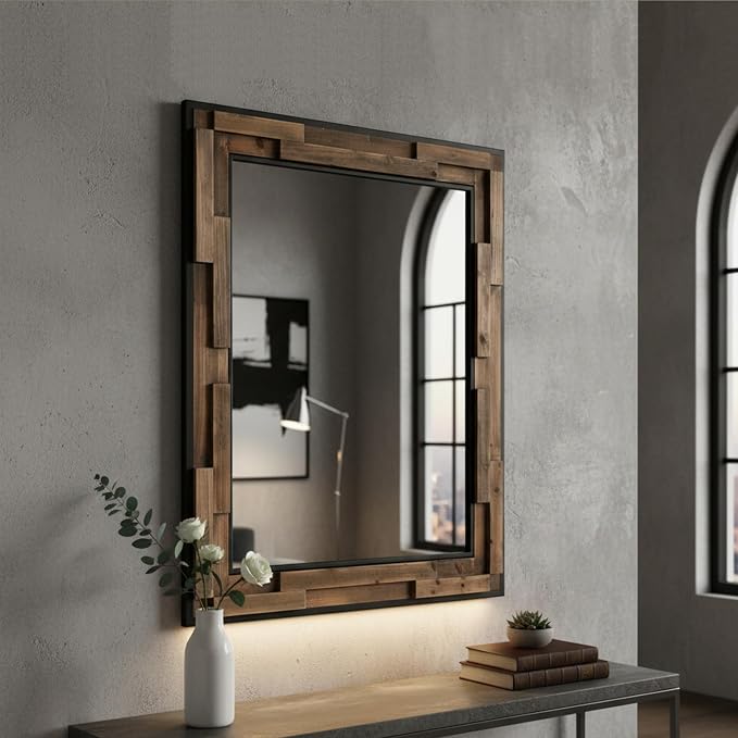 ZIYOO Wood Mirror 40"x 30", Metal & Wooden Rectangle Frame Decorative Wall Mirror for Bathroom Vanity Bedroom Living Room Entryway (Wood and Metal,40"x 30")