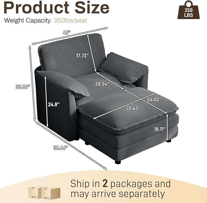 Oversized Chaise Lounge Chair Indoor with Ottoman, Firm Solid Wood Frame with Long Service Life Chenille Oversized Lounge Reading Chair for Study Room - Grey