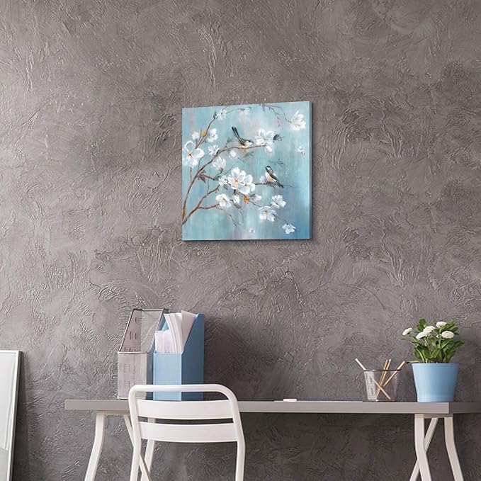 White Floral Canvas Artwork Wall: Elegant Flower Tree and Birds Wall Art Painting for Living Room (20'' x 20'' x 1 Panel)