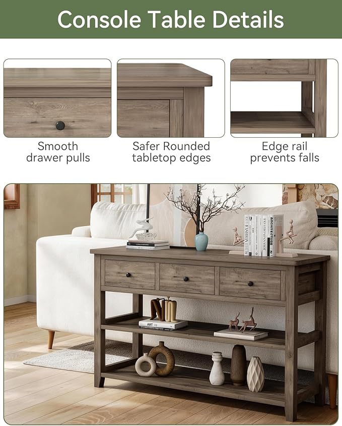 Karl home Console Table with 3 Drawers, 47" Farmhouse Wash Grey Entryway Sofa Table with Silent Slide Rails & Anti-Fall Guardrails for Hallway, Living Room, Foyer, Office