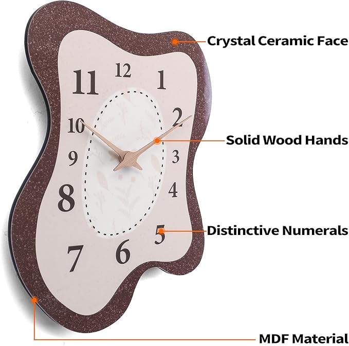 Mid Century Retro Irregular Shape Wall Clock, Silent Non-Ticking Battery Operated, 14 x 10 Inch Vintage Boho Brown Art Clock for Living Room, Bedroom, Entryway, Mantel Decor