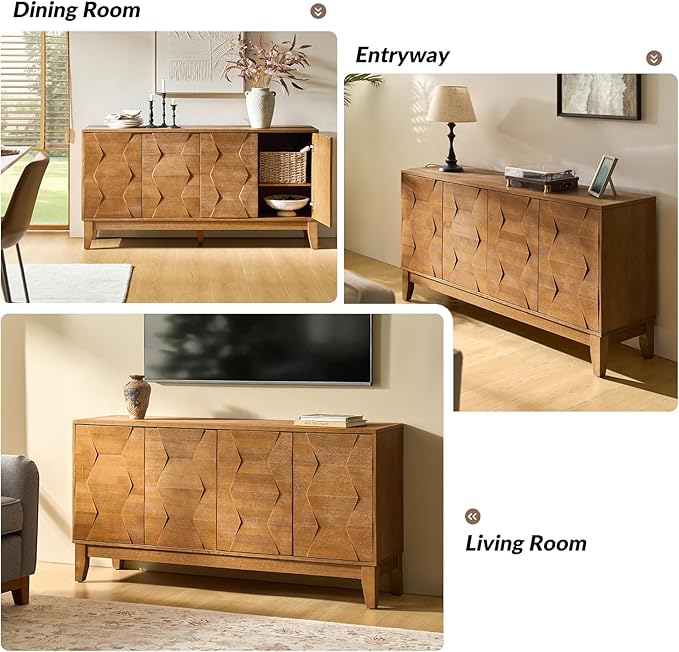 HULALA HOME Mid Century Sideboard Buffet Cabinet with Solid Wood Legs, 60" Kitchen Storage Cabinet Credenza with 4 Doors and 2 Shelves, Accent Console Table (Seadrift)