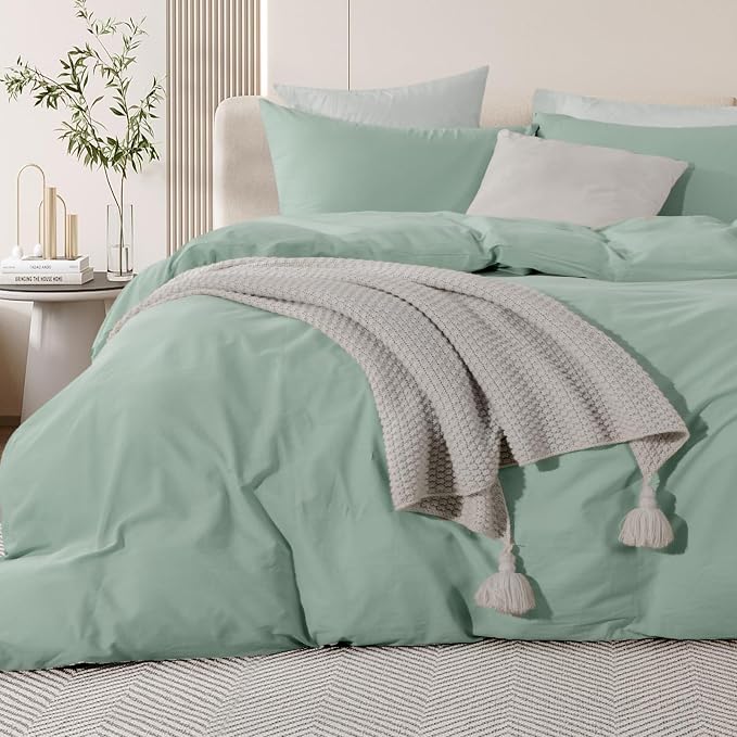 NEXHOME PRO Green Duvet Cover Set California King Linen Feel Textured Organic Natural 100% Washed Cotton Duvet Cover 3 Pieces Bedding Set with Zipper Closure, Breathable, Soft (No Comforter)