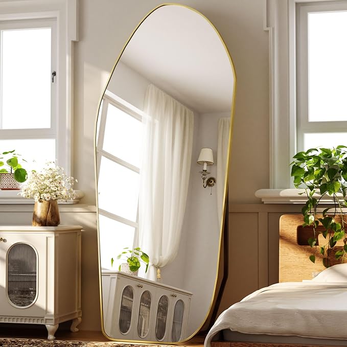 Full Length Floor Mirror - 76"x34" Irregular Diamond Shaped Floor Mirror Aluminum Frame Mirror Full Length for Bedroom Living Room Cloakroom Decor Gold