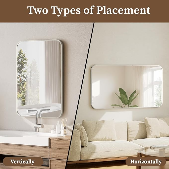 BEAUTYPEAK Wall Mounted Bathroom Mirror - 20" x 28" Silver Rectangular Aluminum Alloy Frame Mirror with Rounded Corners