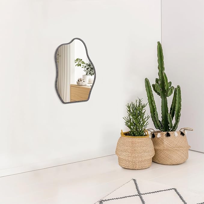 Wood Frame Mirrors Asymmetrical Irregular Wall Unique Shape Modern Wall Mounted Vanity Artistic Mirror Decorative for Living Room Bedroom Bathroom Entryway Hallway Small 14"x10"