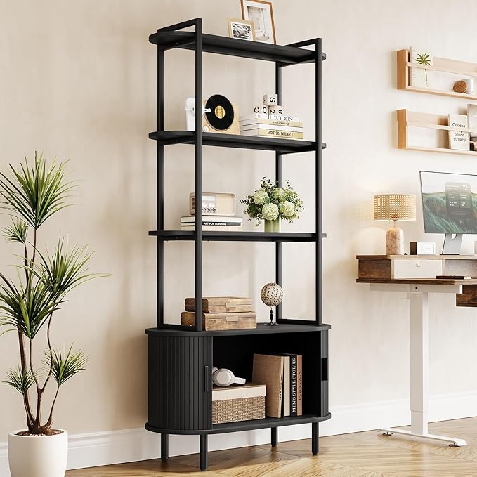 4 Tier Tall Bookshelf with Cabinet, Fluted Bookcase with Sliding Door, Metal and Wood Display Shelf, Free Standing Storage Shelving Unit, Corner Storage Organizer for Living Room, Home Office, Black