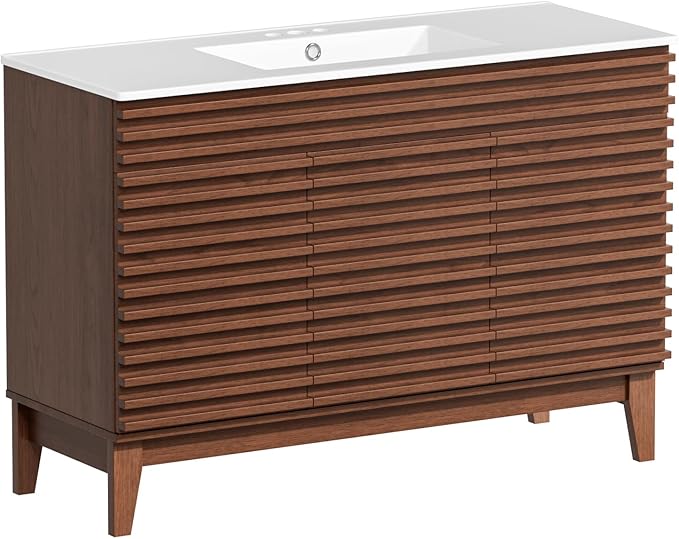 ROOMTEC 48" Bathroom Vanity with Sink, Mid-Century Freestanding Bathroom Vanity Sink with Storage, Undermount Ceramic Sink, Cabinet Particleboard Frame with Wood Grain Laminate, Walnut