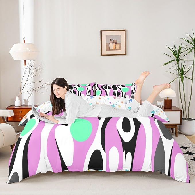 Erosebridal Organic Geometric Duvet Cover Set Modern Abstract Queen Bedding Set for Kids Teens Child Retro Mid Century Comforter Cover Modern Fluid Art Irregular Circles Bed Sets,Lavender Green