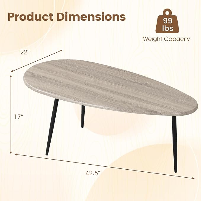 Giantex Oval Coffee Table, Mid Century Modern Center Table with Sturdy Metal Frame and Compact Design, Vintage Accent Cocktail Tea Table, Wood Living Room Tables for Small Spaces (Grey Oak)