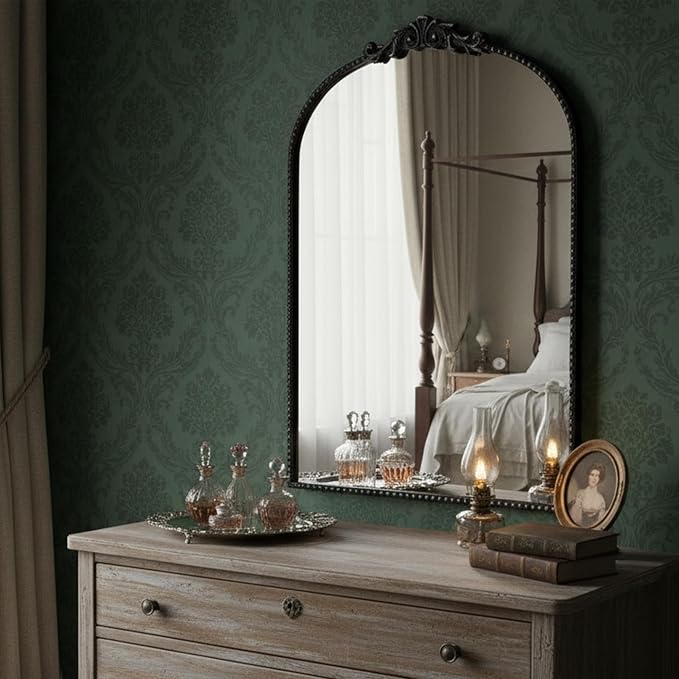 ZIYOO Vintage Baroque Arched Wall Mirror 36"x24", Black Ornate Antique French Traditional Decor Mirror for Entryway Living Room Fireplace (Black Metal,36" x 24")