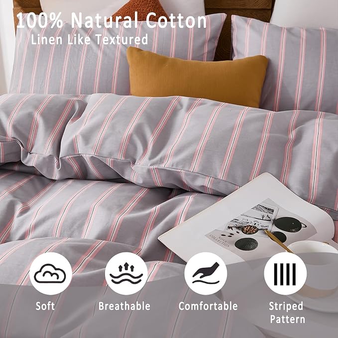 Merryword 100% Cotton Duvet Cover Set King Size - Gray and Pink Striped Bedding Set with Zipper & Corner Ties, 3-Piece Luxury Linen Like Bedding Set for All Seasons