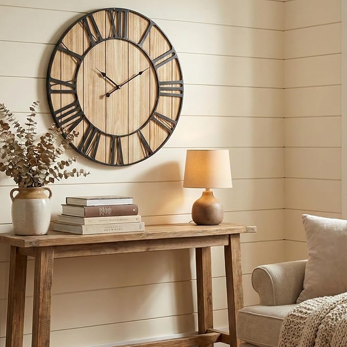 Large Farmhouse Wall Clock 24 Inch Vintage Brown Wooden Wall Clock with Quiet Ticking and Minimalist Roman Numerals for Bedroom Living Room Office Kitchen Home Decor, Battery Operated