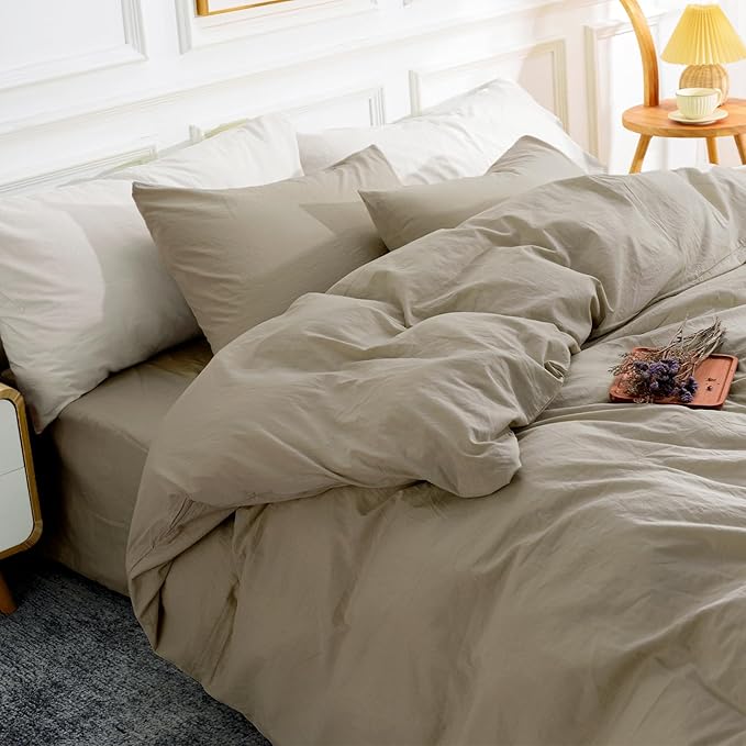 NEXHOME PRO Duvet Cover Set 100% Washed Cotton Oversized King 120"x98" Linen Feel Textured Organic Natural 3 Pieces Bedding Set with Zipper Closure and Corner Ties, Breathable Soft (No Comforter)