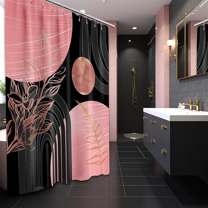 Black and Pink Shower Curtain Boho Mid Century Dark Pink and Gray Shower Curtains for Bathroom Decor, Waterproof Cloth Fabric with Hooks, 60" W x 72" L