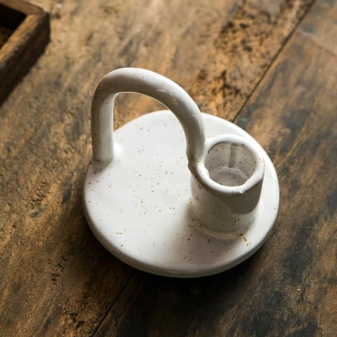 Candle Holder, Ceramic Candle Holder, Christamas Candlestick Holder, for Taper Candles, Vintage Home Decor - White Taper Holder with Handle and Spots - Rustic Style