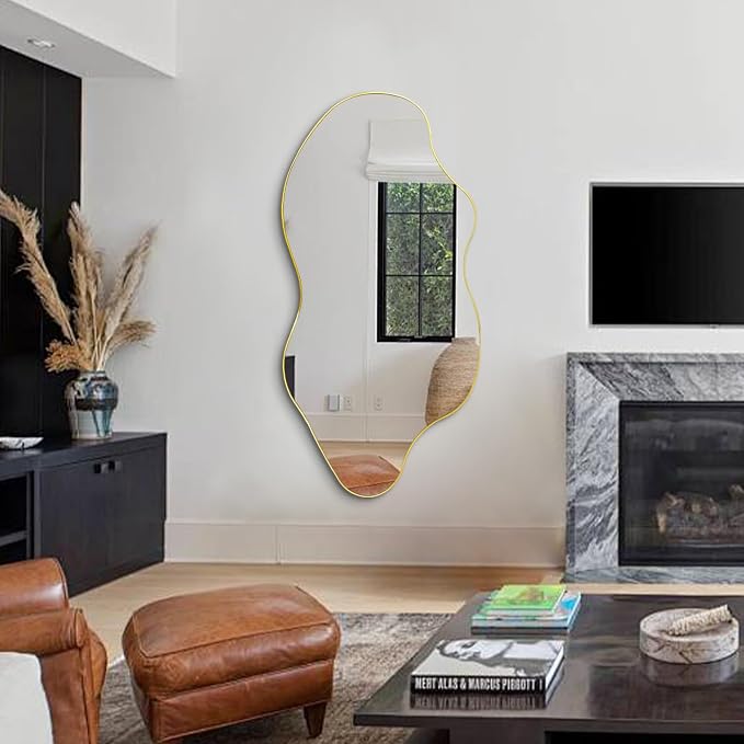 Gold Irregular Mirror, 52"x25.5" Large Asymmetrical Aesthetic Wall Mirror, Modern Abstract Frameless Mirrors for Living Room Bedroom Entryway Hallway, Hangs Vertically or Horizontally