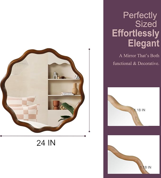24" Wavy Round Solid Wood Frame Decorative Mirror, for Bedroom, Bathroom, Living Room, Entryway, HU26052223 (Walnut)