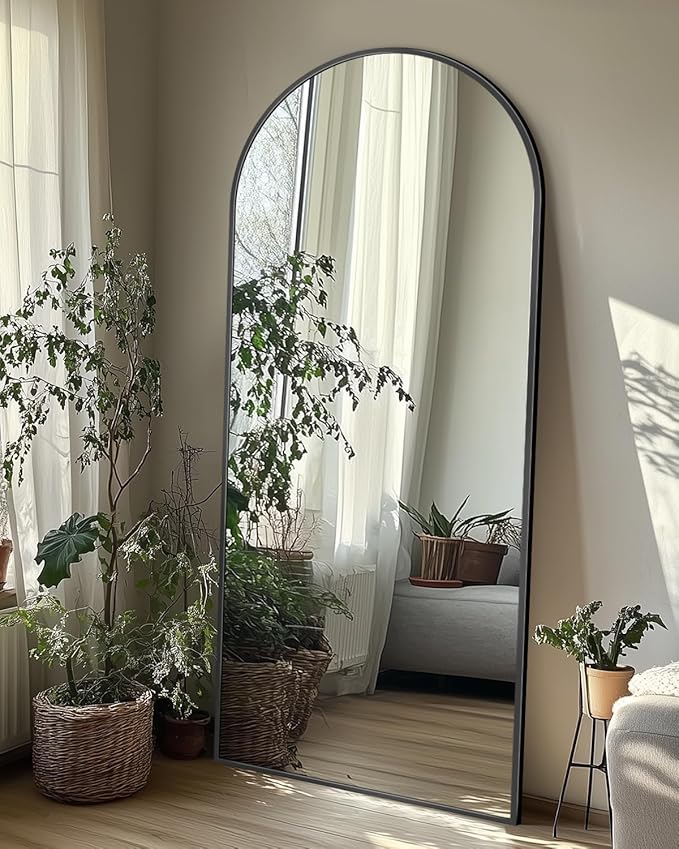 Full Length Mirror with Stand, 58"x19" Arched Full Body Mirror, Large Stand Up Aluminum Frame Floor Freestanding Hanging Leaning Mounted for Bedroom Living Room Entryway Black
