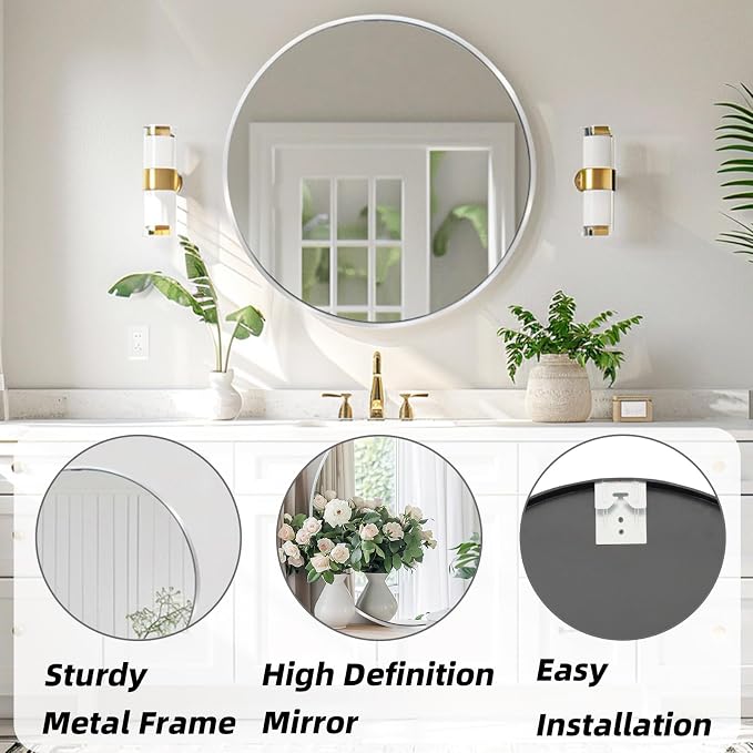 Silver Circle Mirror, Round Mirror 20 inch, Round Wall Mirrors Metal Frame, Circle Mirrors for Bathroom, Living Room, Hallway, Vanity, Over Sink