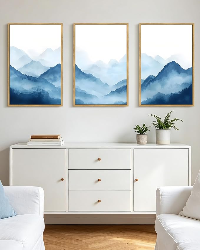 KUVIOKE Blue Watercolor Mountains in Fog Framed Wall Art Wilderness Nature Landscape Painting Rustic Scenic Relax Cool Room Decor for Bedroom Dining Room 24x36in (Natural Framed)