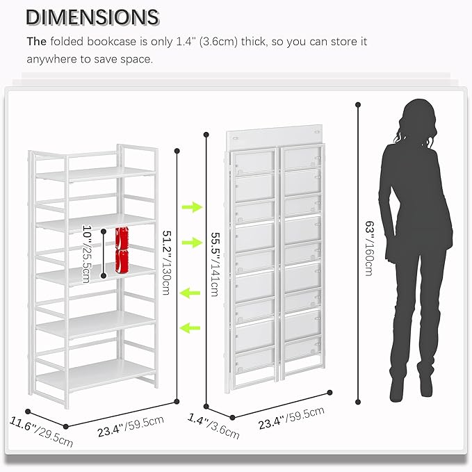 4NM No Assembly 5 Tiers Collapsible Book Shelves, 51.2" H Folding Bookshelf Bookcase Open Industrial Foldable Shelves for Bedroom, Living Room, Home Office - All White