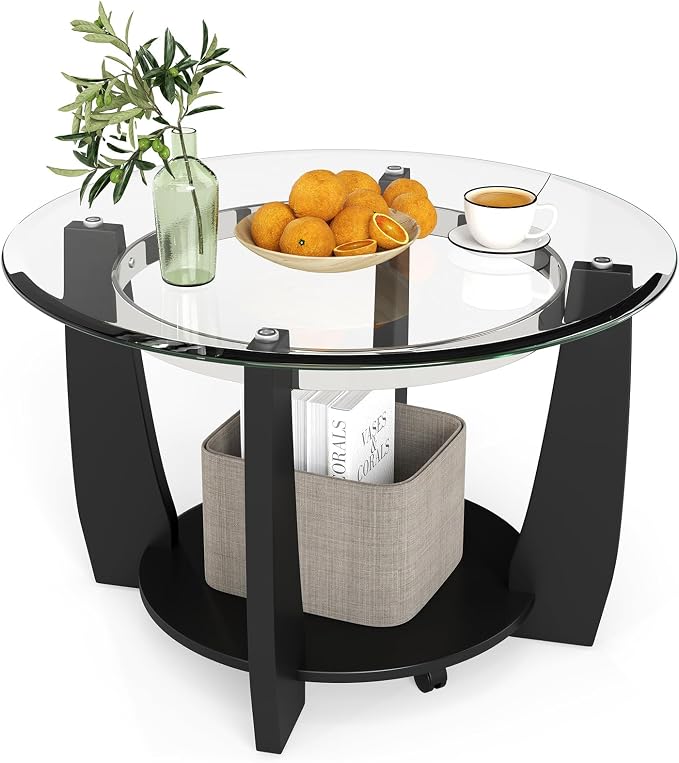 GOFLAME Glass Coffee Table with Storage, 32” Rolling Round Center Table with Tempered Glass Top, Solid Rubber Wood Legs, Wheels, Mid-Century Modern, 2-Tier Circle Tea Tables for Living Room (Black)