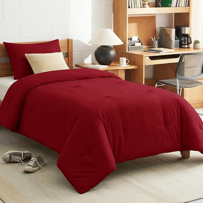 CozyLux Twin Comforter Set College Dorm Essentials, 2 Pieces Dark Red Twin Extra Long Solid Bedding Sets, Twin XL Bed Set with Down Alternative Comforter and 1 Pillowcase, Back to School Room Gift