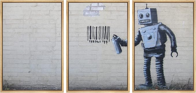 wall26 - Robot Graffiti Banksy Street - Framed Canvas Art Wall Art - 16"x24"x3 Natural