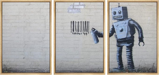 wall26 - Robot Graffiti Banksy Street - Framed Canvas Art Wall Art - 24"x36"x3 Natural