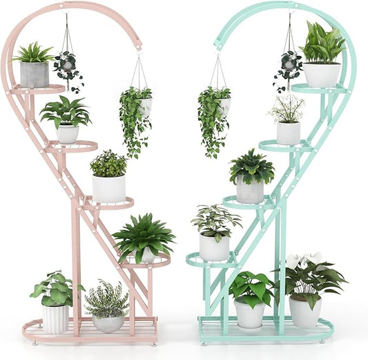 Giantex 5 Tier Metal Plant Stand Indoor, Creative Heart-shaped Ladder Plant Shelf with Hanging Hook for Multiple Plants, Tiered Flower Display Shelf, Tall Plant Stand for Valentine's Day Home Holiday