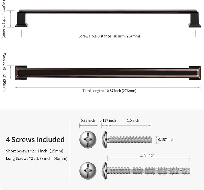 Lardmon 10 Pack 10 Inch(254mm) Hole Center Oil Rubbed Bronze Modern Cabinet Pulls Kitchen Cabinet Handles Kitchen Cabinet Hardware Timeless Drawer Pulls for Dresser Cupboard Wardrobe, ORB(10x10)