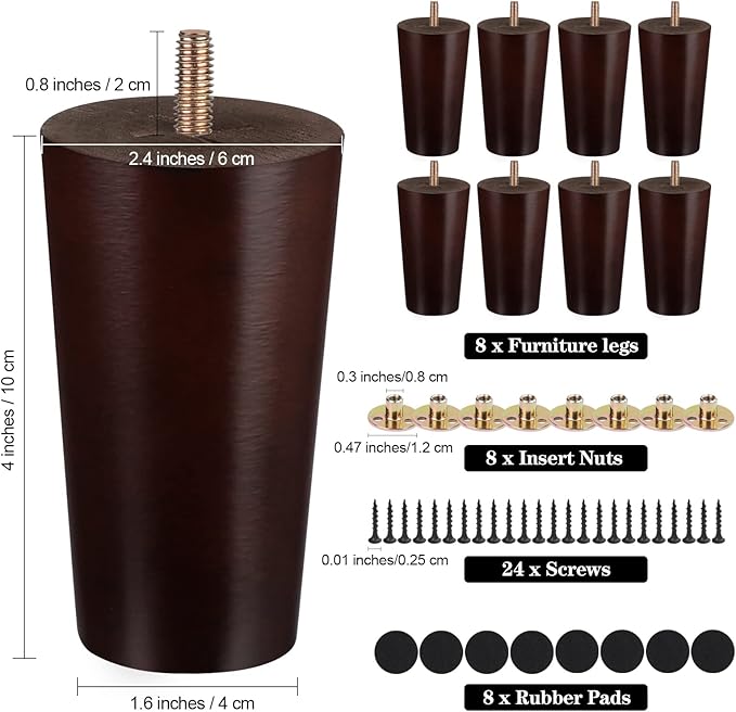 Ruisita 8 Pieces Furniture Couch Legs 4 Inch Round Solid Wood Sofa Legs with M8 T-Nuts Natural Wooden Couch Leg Replacement Leg for Armchair, Cabinet Chair Footstool Mid Century Modern Dresser, Brown