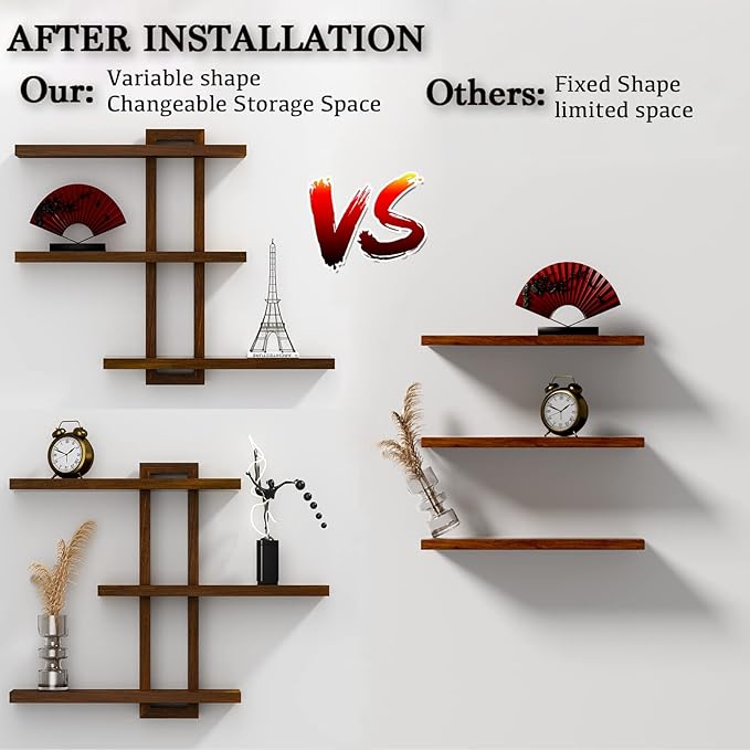 Variable Floating Shelves Wood Set of 4, Bathroom Shelves 28.35" Max, Rustic Wall Shelves for Living Room Bedroom Farmhouse - Burnt Walnut Color - 28.35" x 23" x 4.3" Max