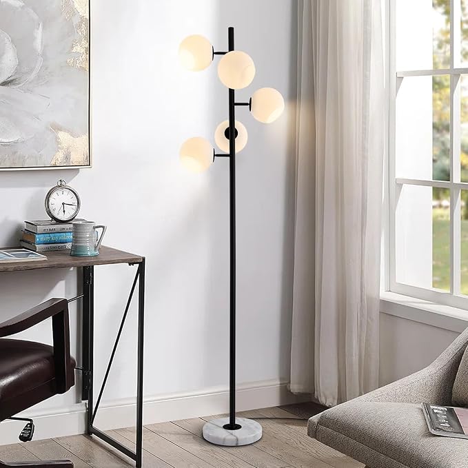 KCO Lighting Five Globe Mid Century Modern Floor Lamp - Milk Glass Shade, Black Finish, Marble Base for Living Room