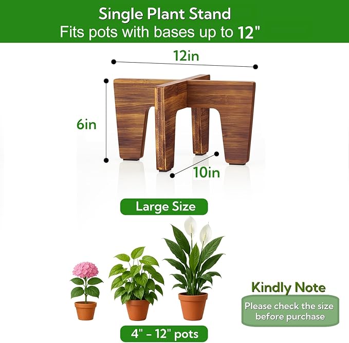 Plant Stands Indoor Outdoor, Plant Risers for Inside Pots Sturdy Short Plants Holder, Flower Pot Stand for Indoor Plants, Small Single Floor Plant Bamboo Display Stand (Brown 12“)