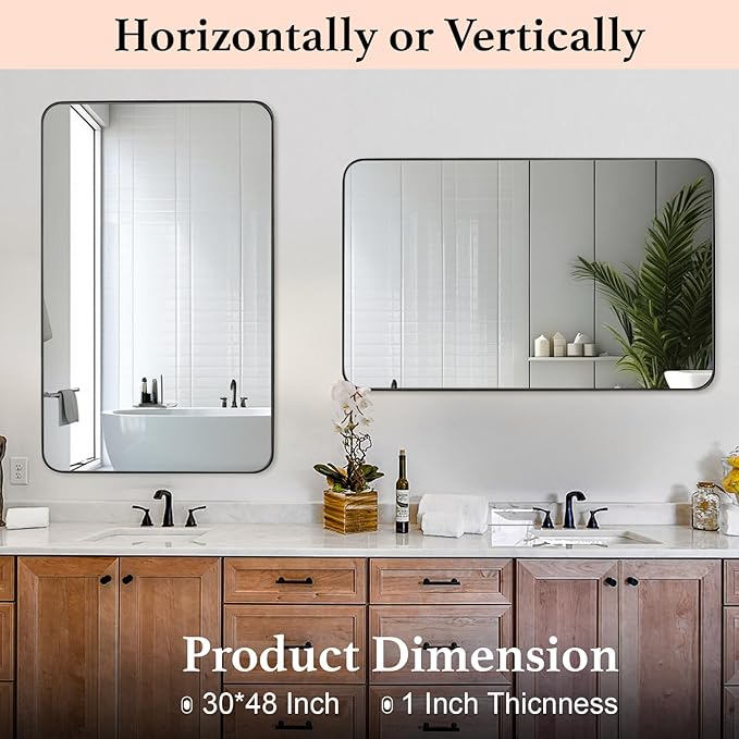 Black Bathroom Mirror 30X48 Inch Rounded Rectangle Wall Mirror Stainless Steel Metal Frame Vanity Mirror Anti-Rust for Entryway, Bathroom, Vanity, Living Room Hangs Vertically or Horizontally