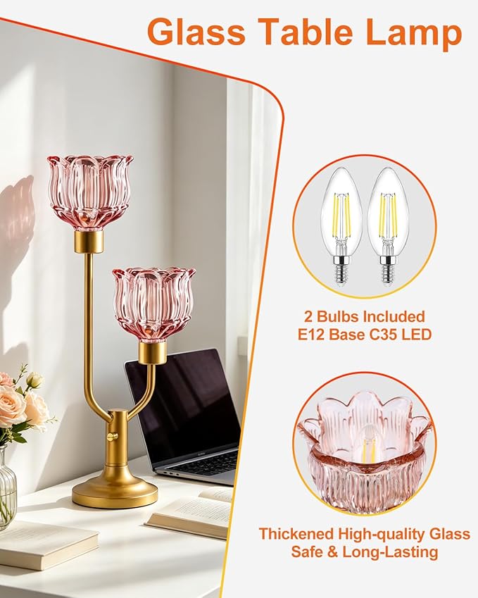 Lightdot Mid Century Modern Red Table Lamp Dimmable Vintage Gold Flower Desk Lamp Lotus Glass Nightstand Lamp 2 Bulbs Included Warmwhite Ambient Bedside Lamps for Living Room Bedroom Home Office Decor