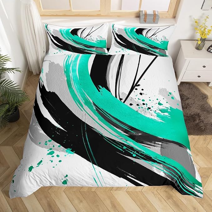 Erosebridal Black and Teal Duvet Cover Twin - Striped Bed Set for Boys Adults Girls Geometric Decorative Abstract Bedding Set Minimalists Graffiti Aesthetic Lines Bed Cover