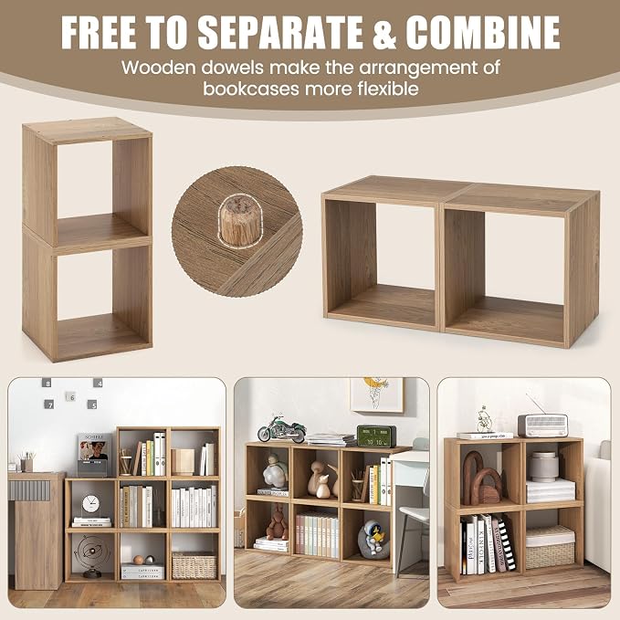 LOKO Stackable 2 Cube Storage Organizer Set of 2, Freestanding Cubby Storage Bookcase with Anti-toppling Device, 2-Tier Bookshelf, Combinable Record Player Stand for Living Room Study (2, Natural)