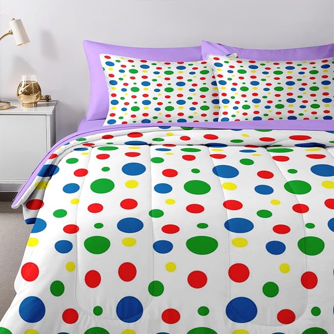 Nesker Comforter Set Queen Size, Rainbow Green Red 7 Pcs Bedding for Kids and Adults, Blue Yellow Polka Dot Bed Sheet Sets with Fitted Sheet 2 Pillowcases & 2 Shams