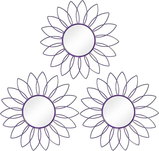 3 Pack Metal Mirrors for Wall Sunburst Wall Mirrors Home Décor Decorative Hanging Wall Art for Living Room Bedroom Entryway (Purple, Flowers)