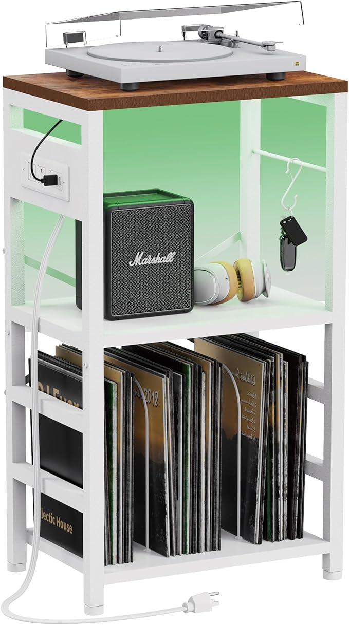 YAKANJ End Table with LED Light,Record Player Stand with Charging Station,Vinyl Records Storage,Turntable Stand Albums Storage for Music Room Studio-Industry White