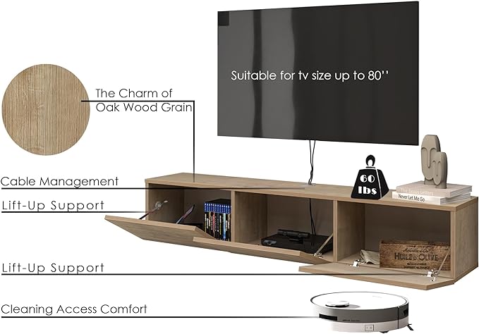 Floating TV Stand Wall Mounted for 65"–80" TVs, Modern Floating Entertainment Center with Cable Management, Wall Mount TV Stand with Storage, Mounted TV Console for Living Room