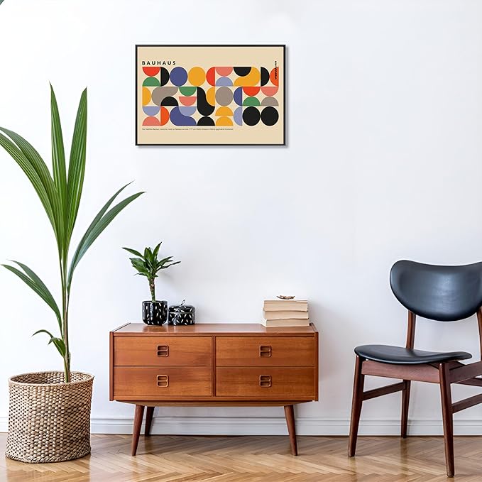 Vintage Bauhaus Weimar 1919 Framed Poster Vibrant Circles And Arcs Minimalist Text Canvas Wall Art Beige Backdrop Prints Painting For Home Bedroom Dorm Wall Decor 16x24in Framed