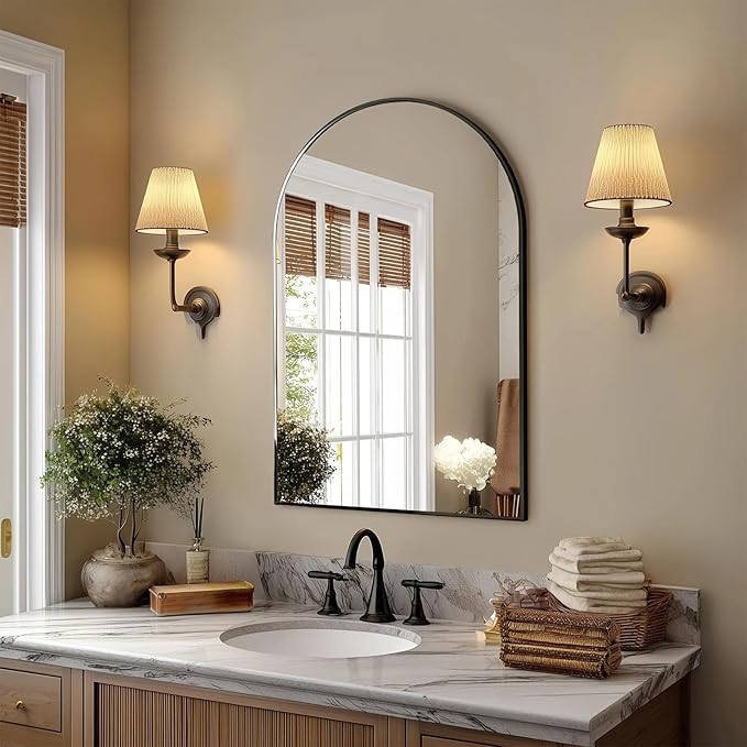 Arched Wall Mirror 30x20 Inch Black Bathroom Vanity Mirror with Metal Frame, Modern Arch Mirror for Bedroom, Living Room, Entryway, Wall Mounted Decorative Mirror