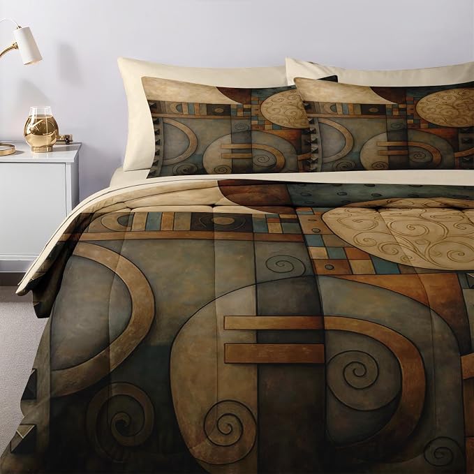 Nesker Comforter Set Full Size, Geometry Vintage 7 Pcs Bedding for Kids and Adults, Abstract King Retro Tribe Bed Sheet Sets with Fitted Sheet 2 Pillowcases & 2 Shams