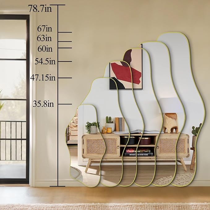 Gold Irregular Wall Mirror, 47.5"x24" Asymmetrical Tempered Glass Mirror Decorative, Modern Abstract Frameless Mirrors for Living Room Bathroom Bedroom Hallway Entryway, Horizontal or Vertical Hanging