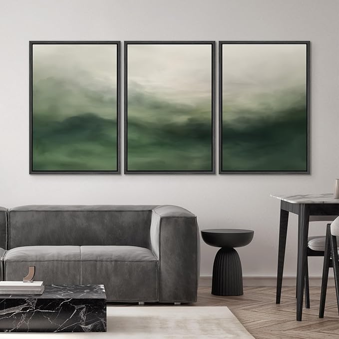 SIGNWIN Framed Canvas Print Wall Art Set Abstract Green Misty Landscape Illustrations Modern Art Decorative Boho Relax/Zen Nordic for Living Room, Bedroom, Office - 24"x36"x3 Black
