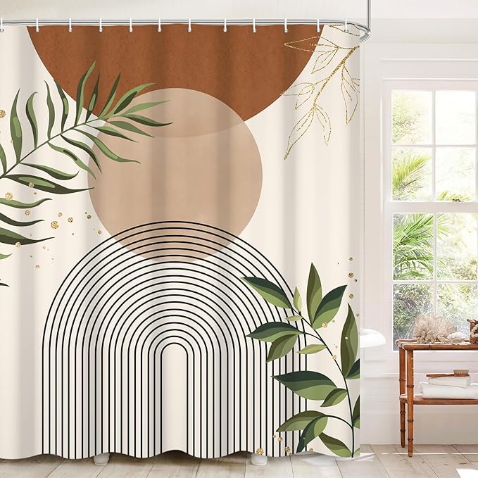 Boho Mid Century Shower Curtain, Brown Modern Minimalist Abstract Geometric Green Gold Plant Leaves Sun Arch Bathroom Curtains Waterproof Fabric Buthtub Curtain Set with Hooks 72" Wx84 L